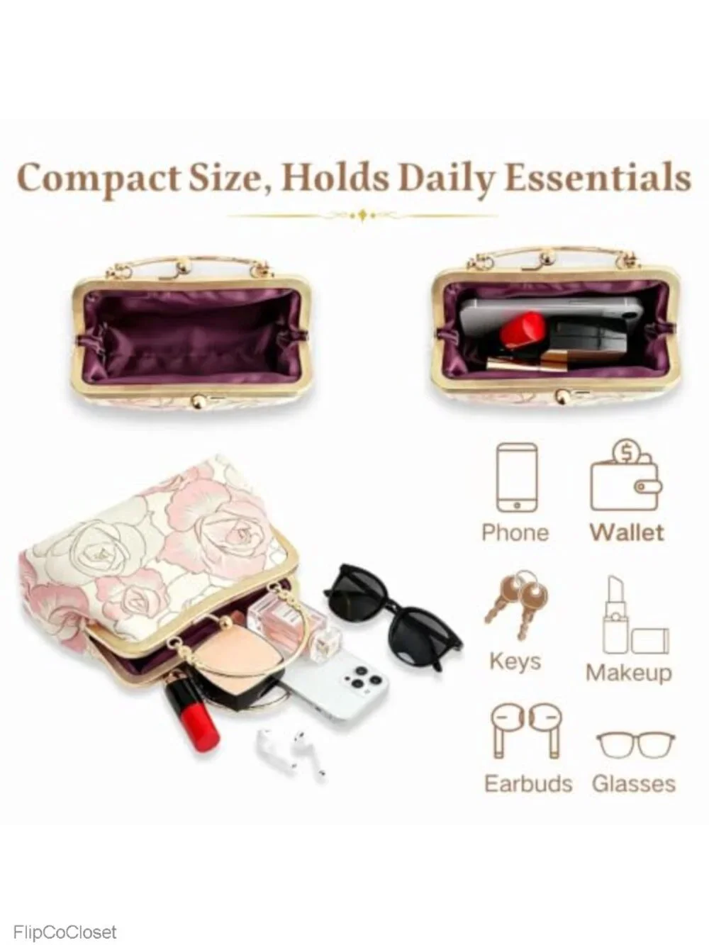Wynndora Floral Rose Mini Clutch Kiss Lock Metal Handles Crossbody